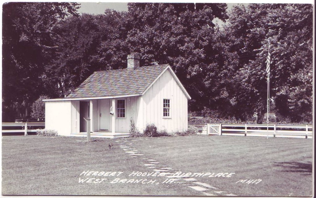 HOOVER, HERBERT. Photograph postcard Signed, showing a small white house, with the printed caption, Herbert Hoover Birthplace / West B